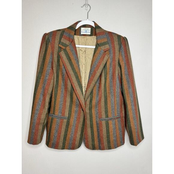 Vintage Coatree Wool Blazer Size Missing Herringbone Stripe Green Gray Brown - Picture 1 of 16